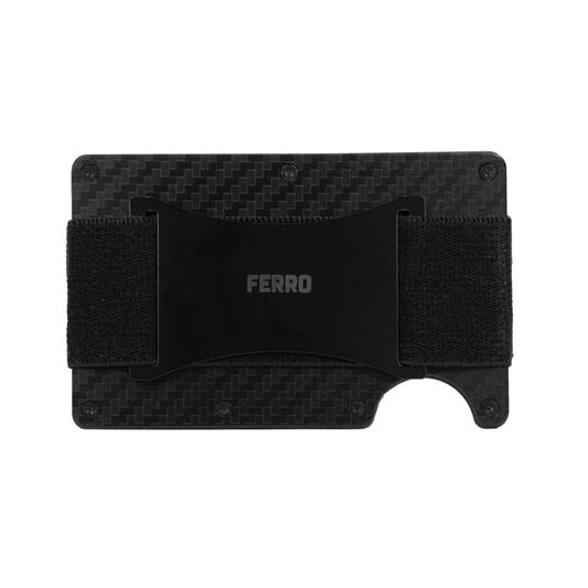 Ferro cash strap securely attached to RFID blocking metal wallet, holding cash and cards.
